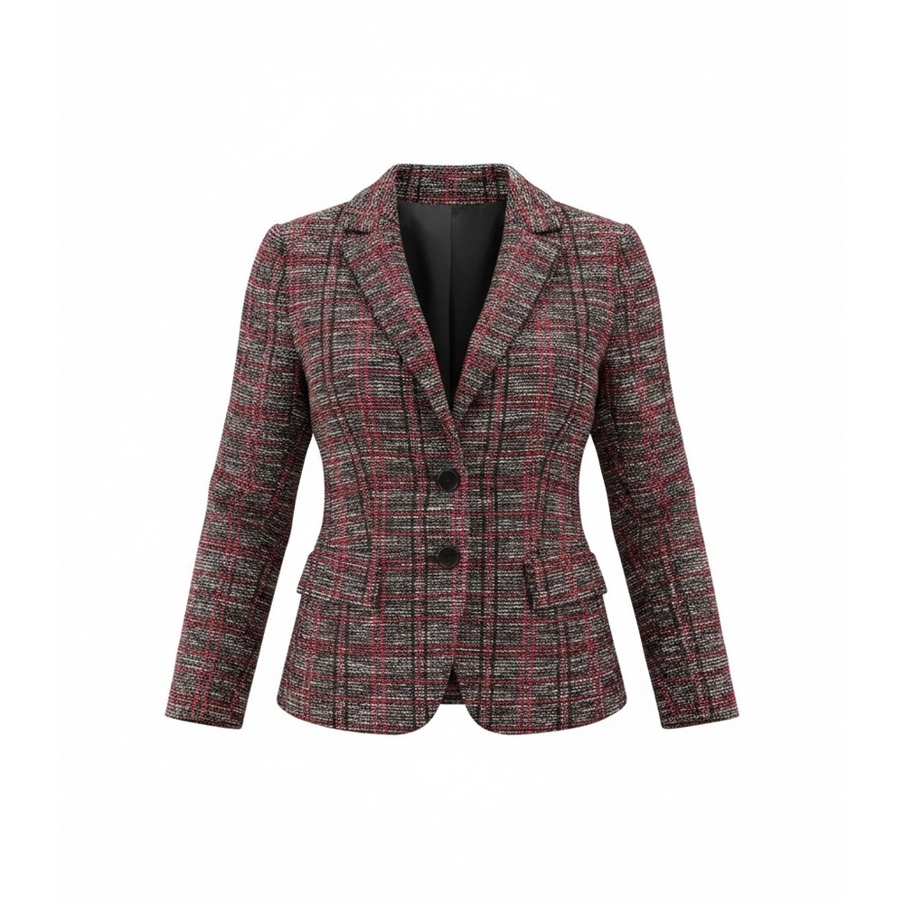 Kasper Womens Red Black Plaid Tweed Boucle Metallic 2 Button Blazer Jacket Sz 4